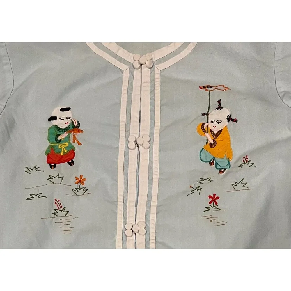 Vintage Plum Blossom 1960's Boys Oriental Pajama's Outfit Size 14 Blue